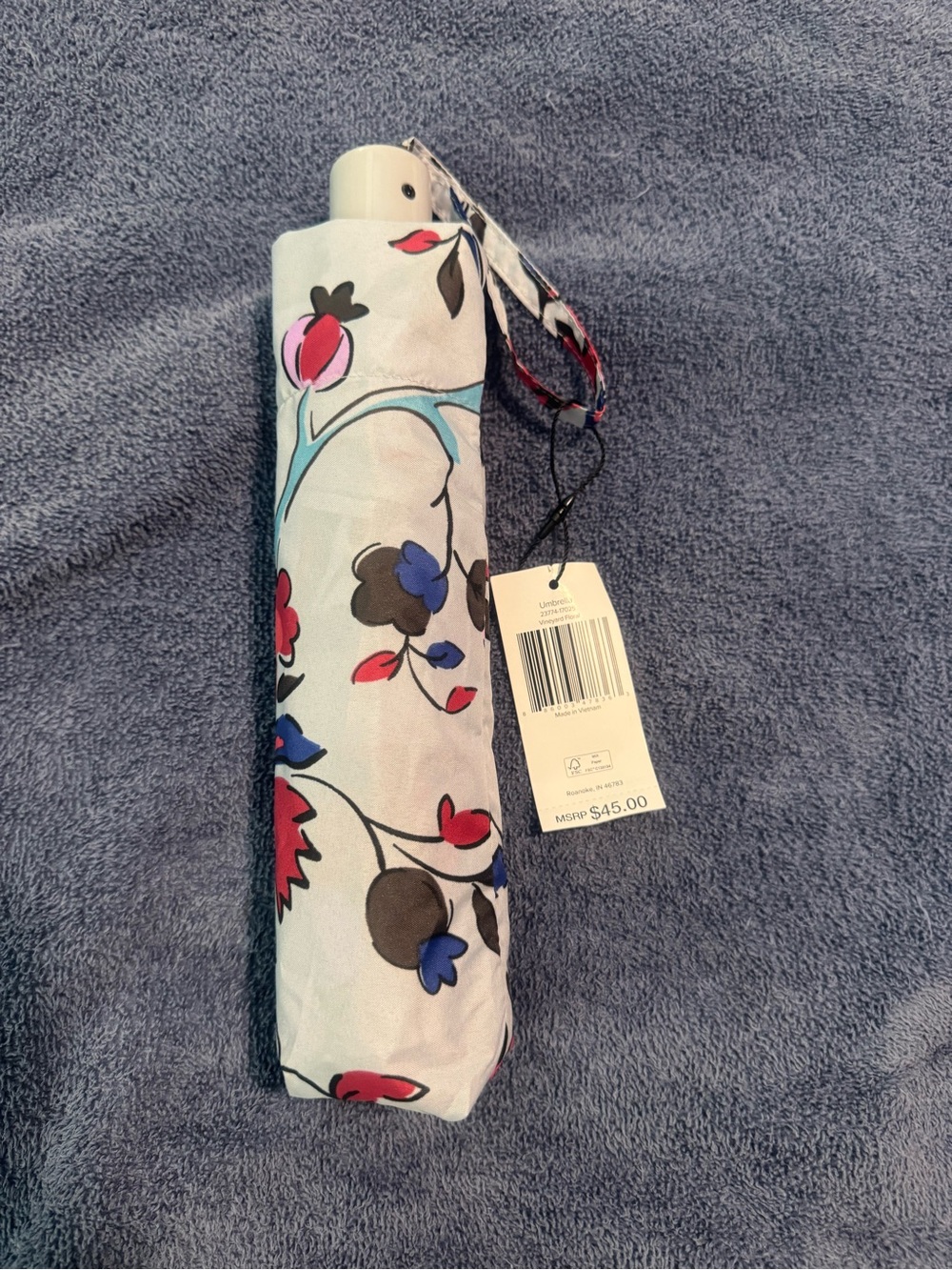 Vera Bradley Compact Floral Umbrella - Cream with Blue, Red & Brown Accents